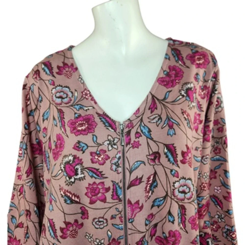 The Muses Lounge‎ French Terry Zip-Front Full Zip Jacket Mauve Floral X-Large